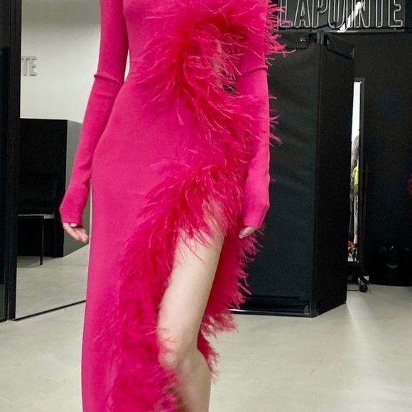 LAPOINTE
Feather-Trim Cutout Long-Sleeve High Shine Viscose Maxi Dress - Picture 9 of 14